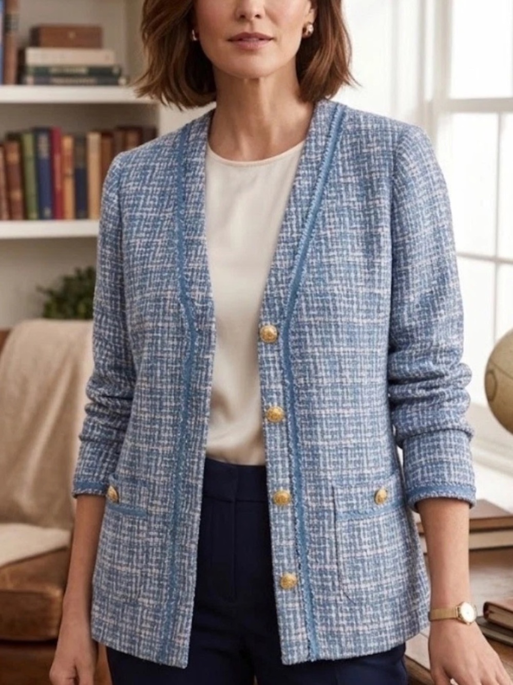 TALBOTS Classic Tweed Blazer Suit Jacket COTTON Periwinkle Blue Gold Buttons EC